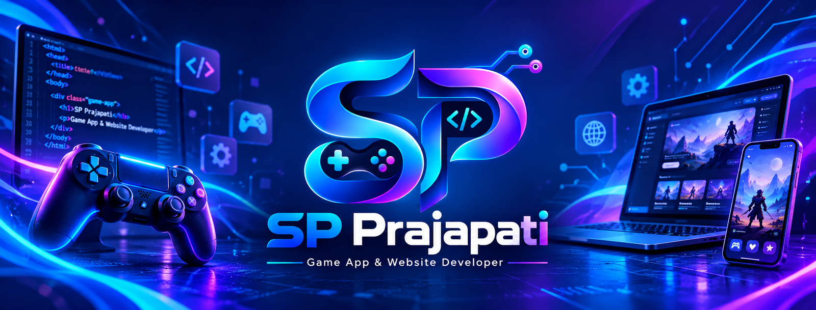 SP Prajapati — Game, App and Website Developer, with a controller and digital interfaces